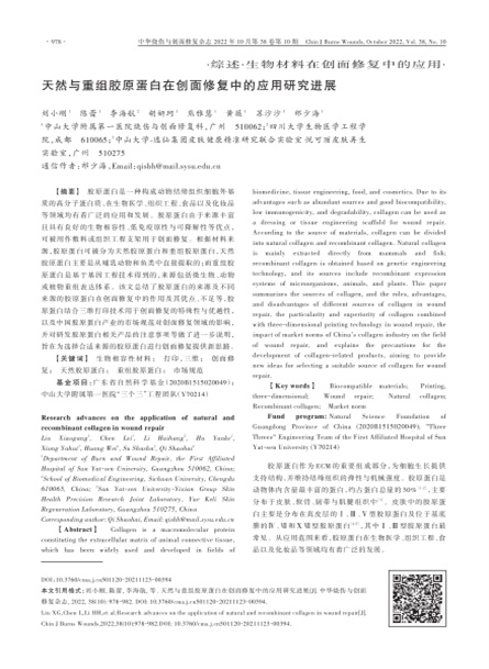 天然與重組膠原蛋白在創(chuàng)面修復中的應用研究進展